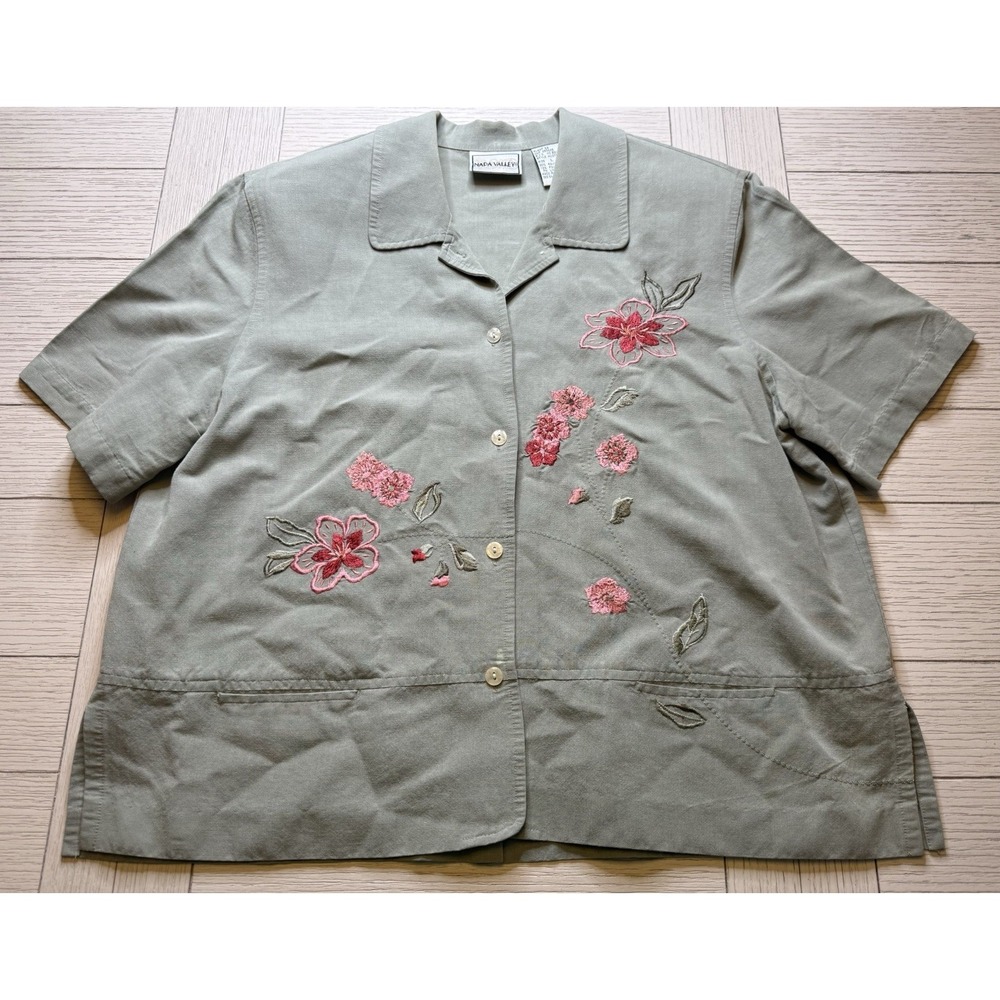 Napa Valley Green Pink‎ Floral Embroidered Short Sleeve Button Up Linen Blouse L